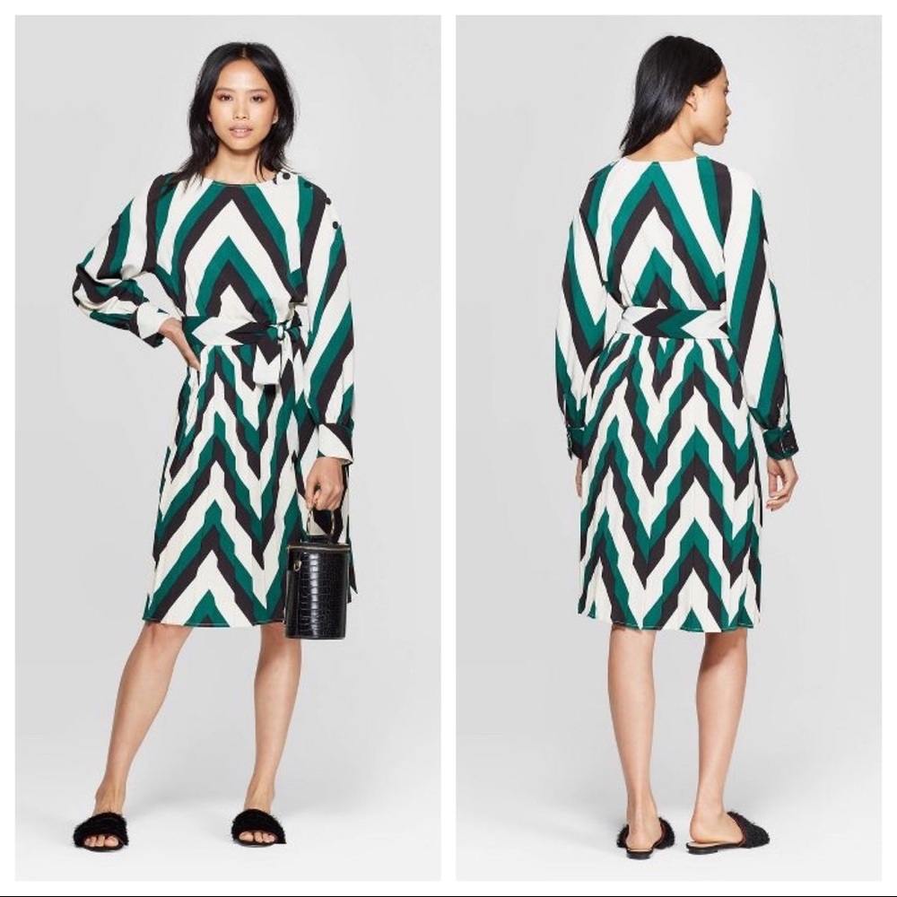 NWT Long Sleeve Pleated Belted Midi Dress